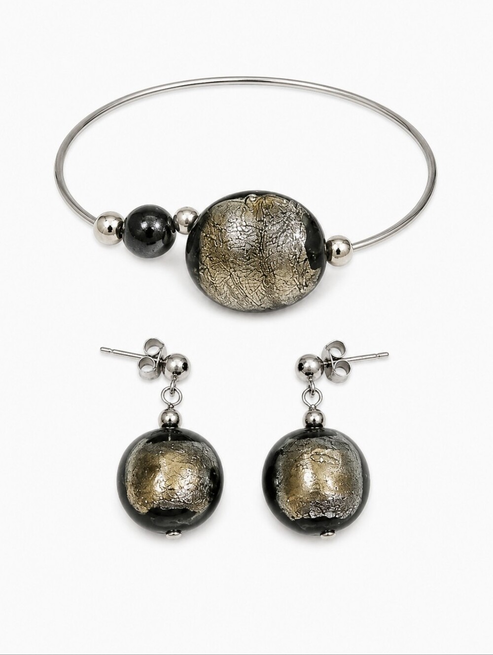 MURANO Sterling Silver Black and Silver Fused Glass Bypass Bracelet Earrings Set